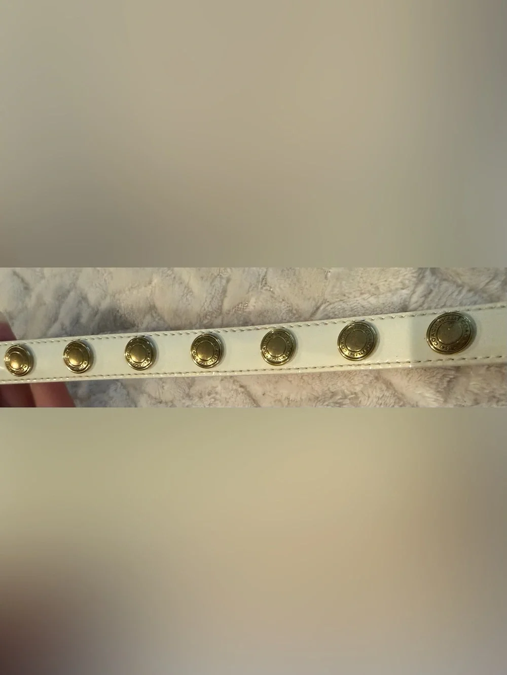 Coach White Patent Leather Vintage Skinny Belt Gold Stud Logo Accents sz S